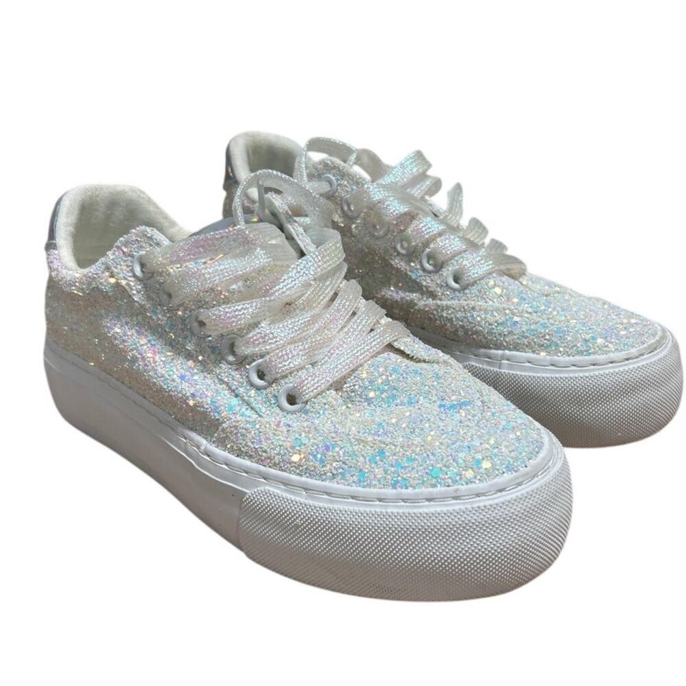 Jeekopeg Womens Size 6 White Glitter Platform Thick Sole Lace Up Walking Shoes